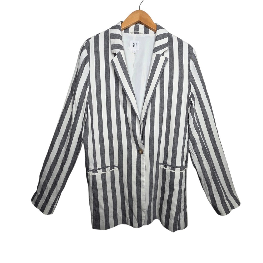 GAP Women White Navy Striped Linen Blend Blazer Size 14 Tall Nautical Workwear